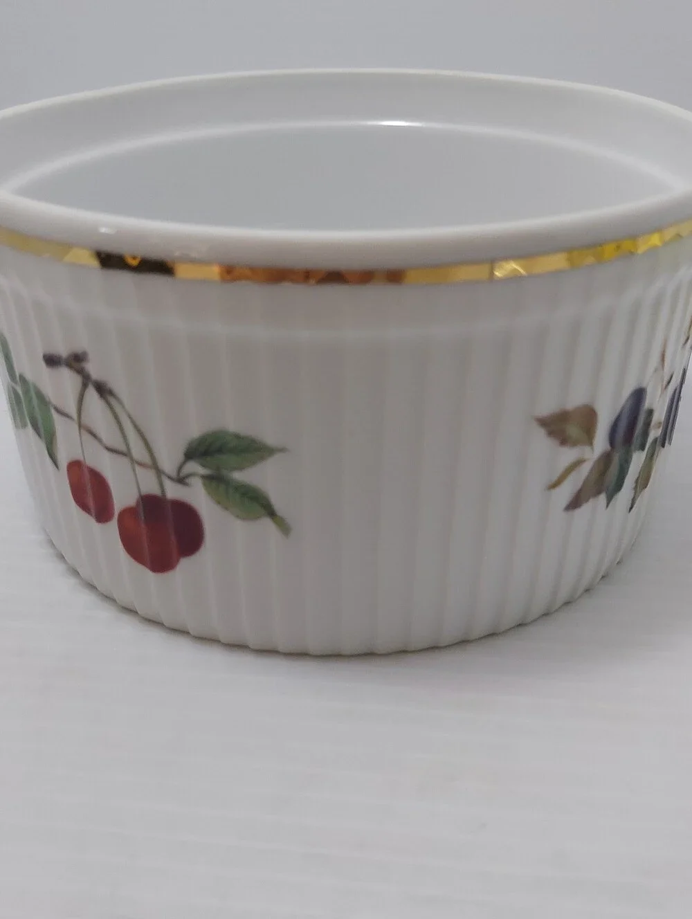 Royal Worcester Evesham White Porcelain Souffle Dish with Green and Gold Accents